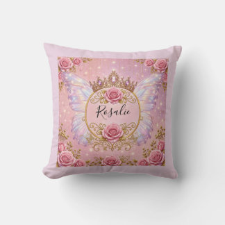 Pink & Gold Floral Fairy Princess Roses Butterfly Throw Pillow