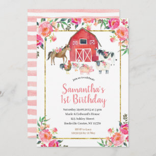 Pink Gold Floral Farm 1st Birthday Invitation