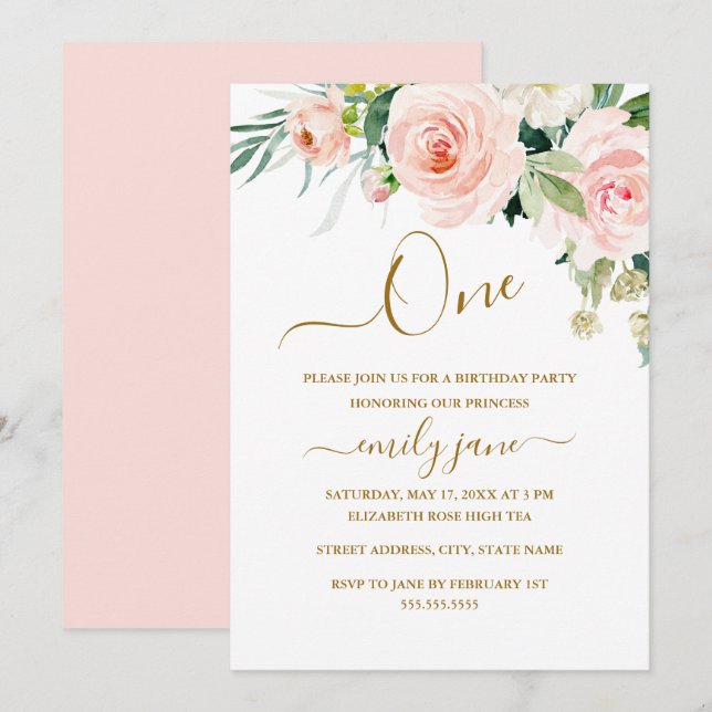 Pink Gold Floral First 1st Birthday Party Invitation (Front/Back)