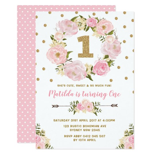 pink gold floral first 1st birthday party invite zazzle com