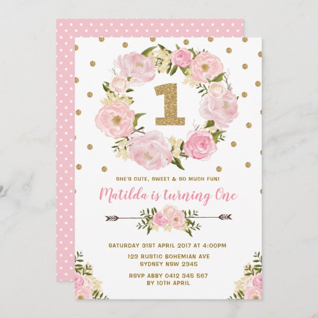 Pink & Gold Floral First 1st Birthday Party Invite (Front/Back)