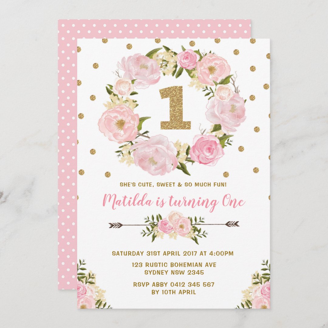 Pink & Gold Floral First 1st Birthday Party Invite | Zazzle