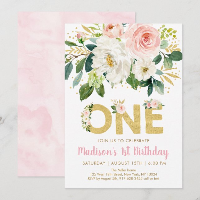 Pink Gold Floral First Birthday Invitation (Front/Back)