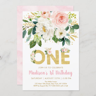 Pink Gold Floral First Birthday Invitation