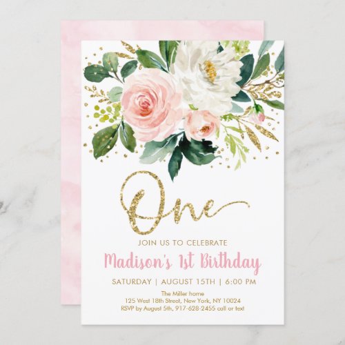 Pink Gold Floral First Birthday Invitation