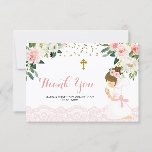 Pink Gold Floral First Communion Thank You Card