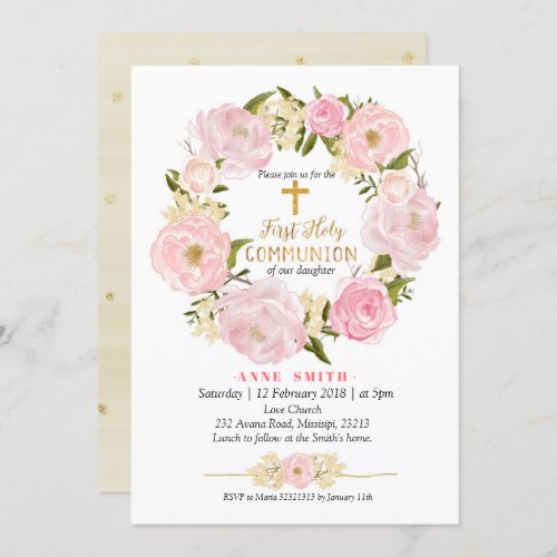 Pink Gold Floral First Holy Communion Invitation