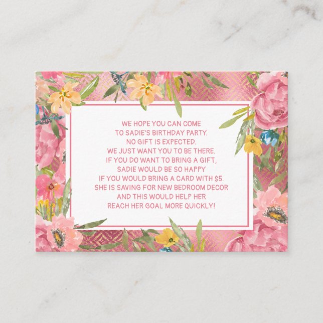 Pink Gold Floral Fiver 5 Dollar Birthday Party Enclosure Card (Front)