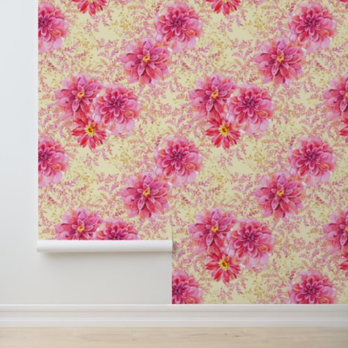 Pink Gold Floral Flowers on Cream  Wallpaper