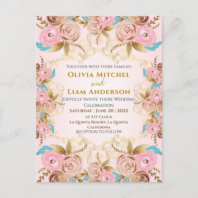 Pink & Gold Floral Frame Wedding Postcard (Front)