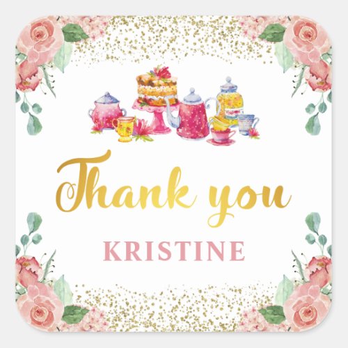 Pink Gold Floral Garden Tea Party Thank You Square Sticker