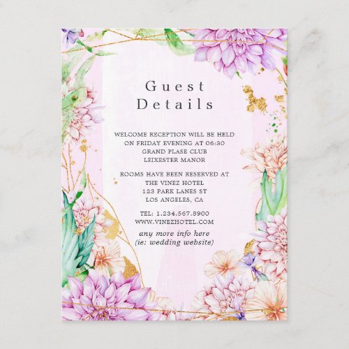 Pink  Gold Floral Geometric Wedding Guest Details Enclosure Card