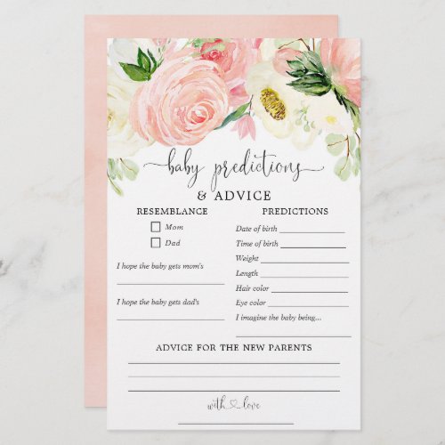 Pink gold floral girl Baby predictions advice card
