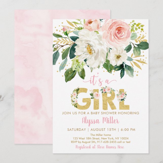 Pink Gold Floral Girl Baby Shower Invitation (Front/Back)