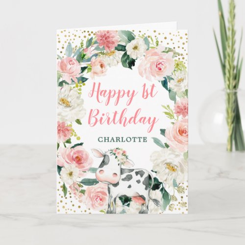 Pink Gold Floral Girl Cow 1st Birthday Card