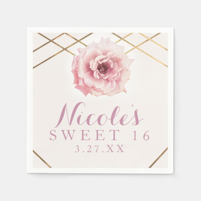 Pink & Gold Floral Glam Bridal Shower Party Paper Napkins (Front)