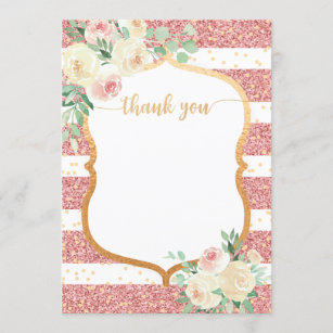 Pink Gold Floral Glitter thank you note card