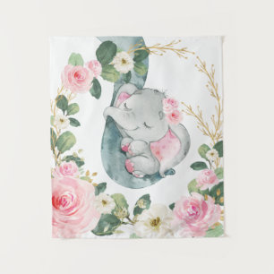 Pink Gold Floral Greenery Elephant Baby Nursery Tapestry