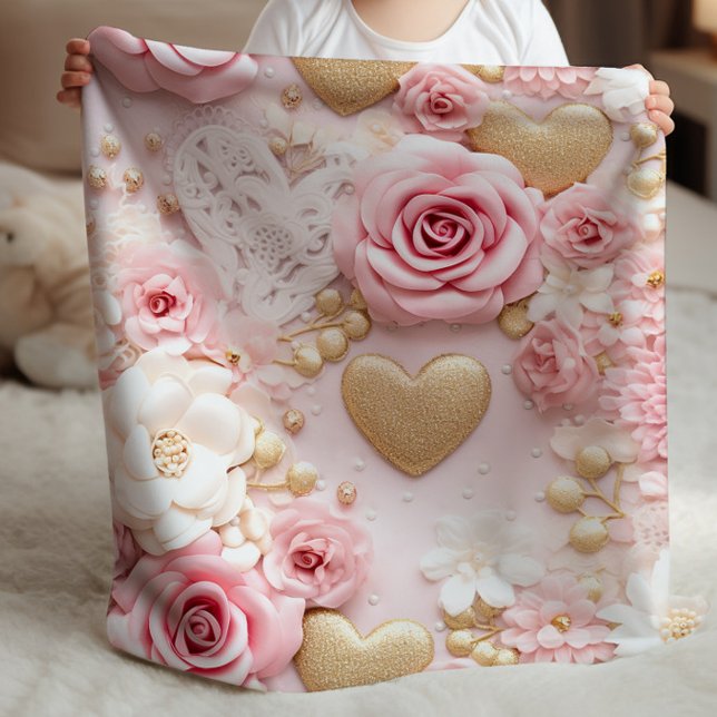 Pink Gold Floral Heart Baby Blanket (Sweet pink and gold floral heart baby blanket.)