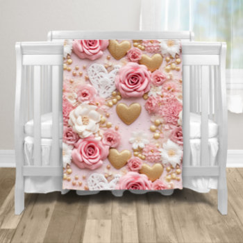 Pink Gold Floral Heart Fleece Blanket by The_Baby_Boutique at Zazzle