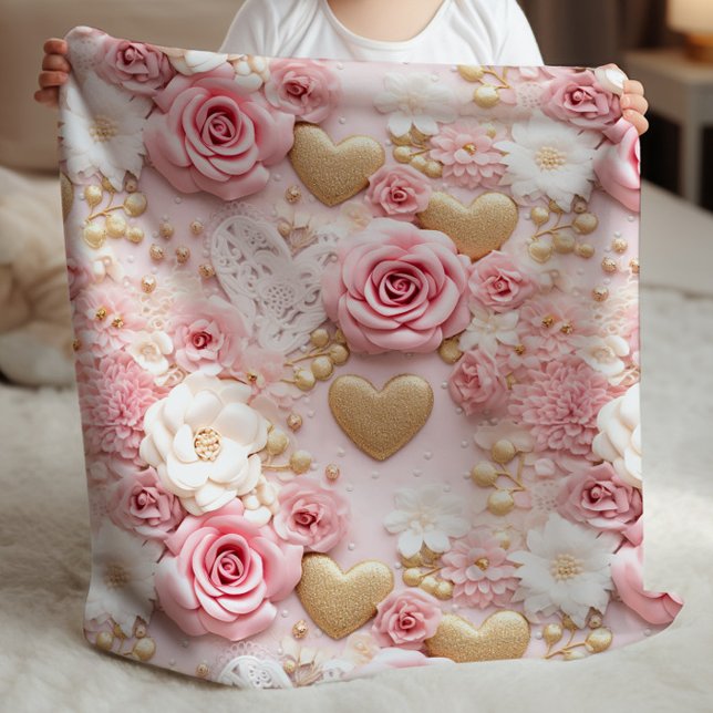 Pink Gold Floral Hearts Baby Blanket (Pretty pink and gold baby blanket with roses and hearts on a blush pink background.)