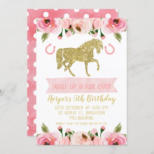 Pink Gold Floral Horse  Birthday Party Invitation