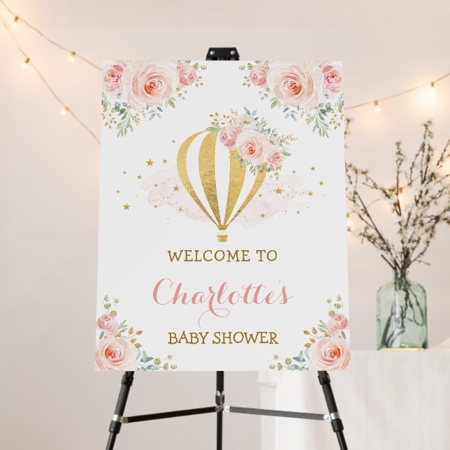 Pink Gold Floral Hot Air Balloon Adventure Welcome Foam Board (In Situ (Stand))