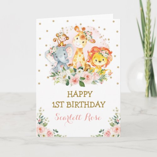 Pink Gold Floral Jungle Safari Animals Birthday Card