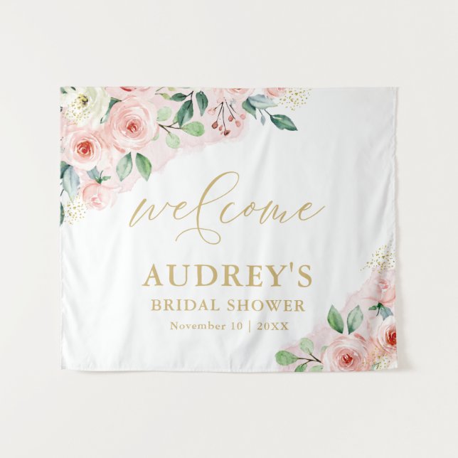 Pink Gold Floral Landscape Bridal Shower Welcome Tapestry (Front (Horizontal))