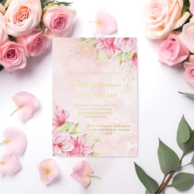 Pink gold floral luxury birthday foil invitation (Creator Uploaded)