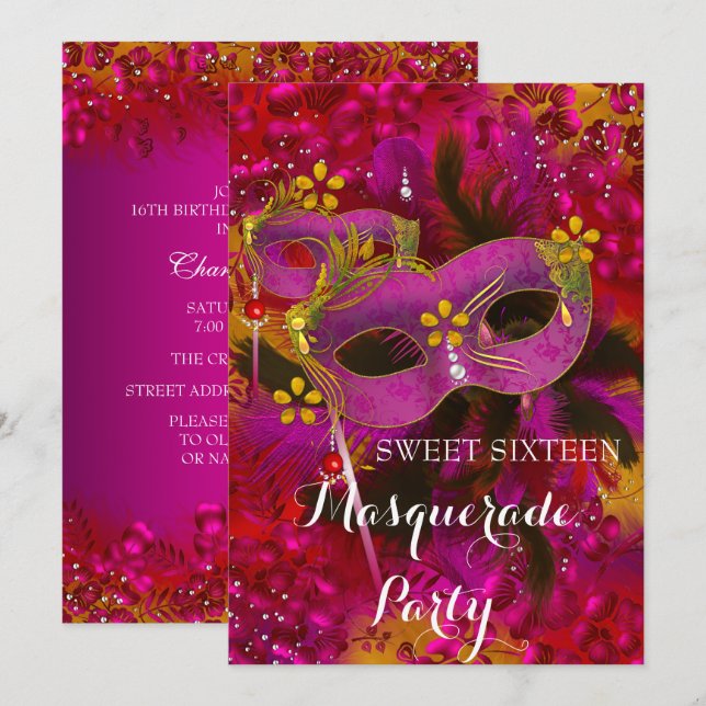 Pink Gold Floral Masquerade Sweet 16 Party Invitation (Front/Back)