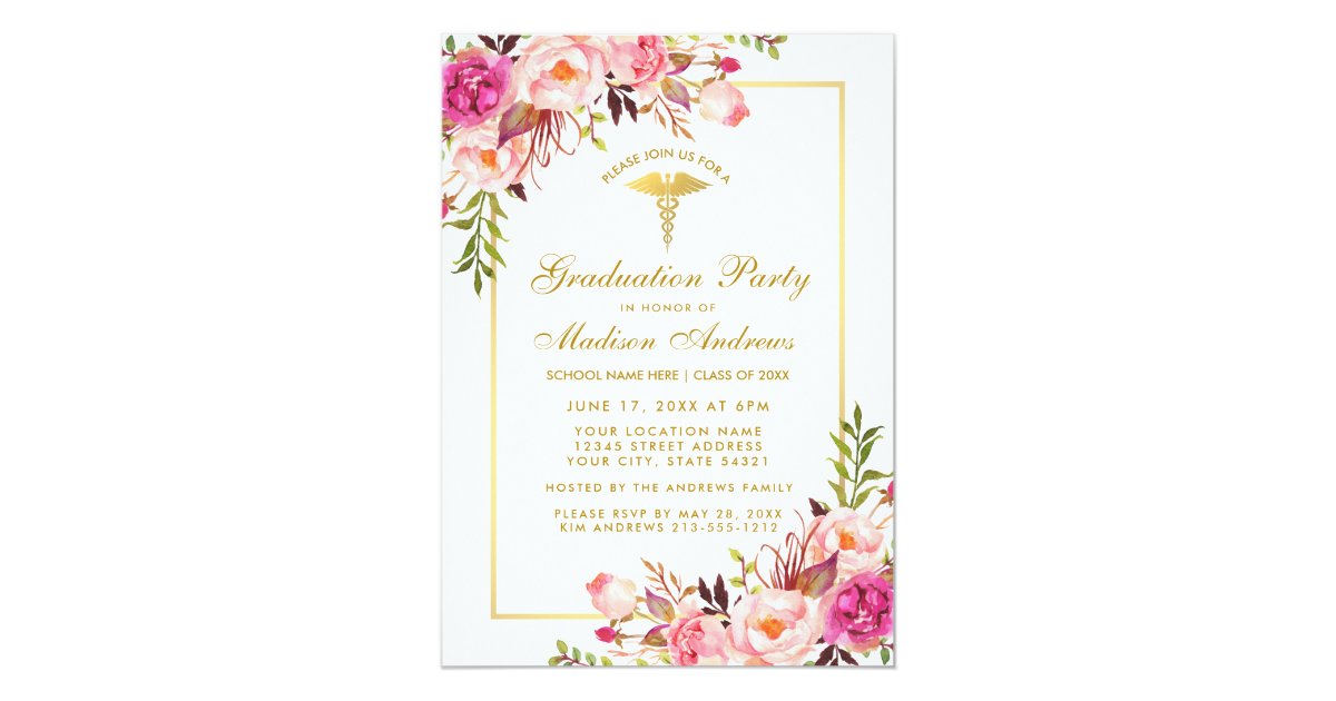 Pink Gold Floral Medical Grad Party Invitation Zazzle Com