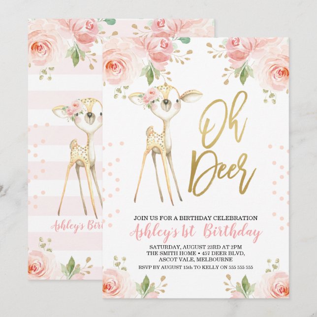 Pink Gold Floral Oh Deer Birthday Invitation (Front/Back)