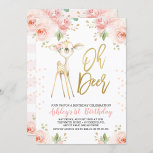 Pink Gold Floral Oh Deer Birthday Invitation
