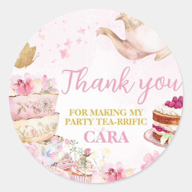 Pink Gold Floral Par-Tea Birthday Party Classic Round Sticker (Front)