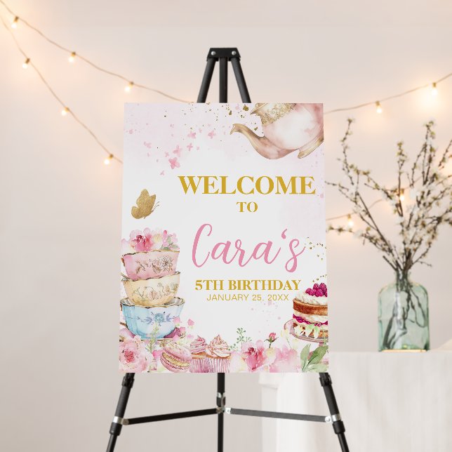 Pink Gold Floral Par-Tea Birthday Welcome Sign (In Situ (Stand))