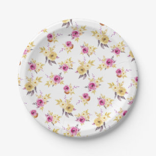 Pink Gold Floral Pattern Baby Shower Paper Plates