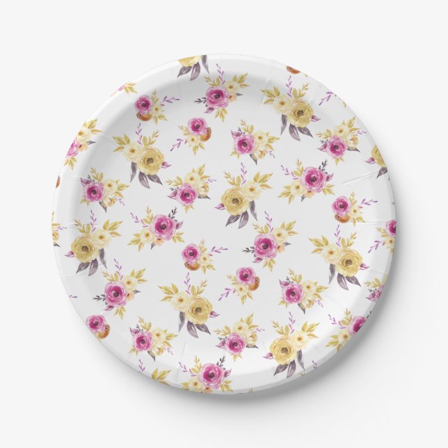 Pink Gold Floral Pattern Baby Shower Paper Plates (Front)