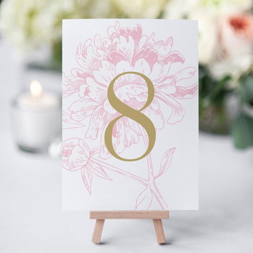 Pink Gold Floral Peony Wedding Table Number