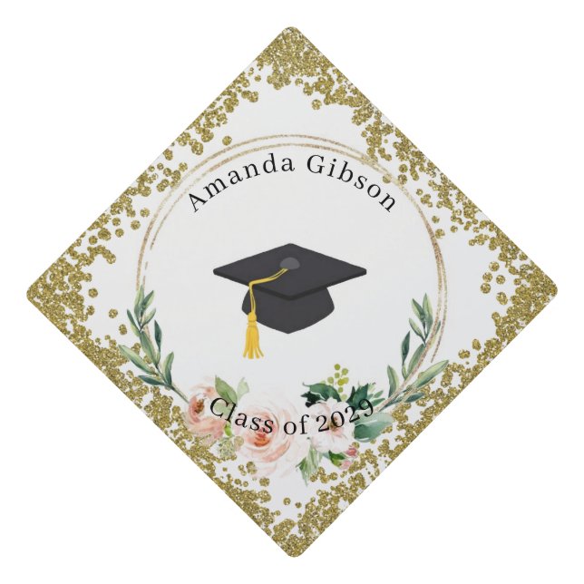 Pink & Gold Floral Personalized Graduation Cap Topper (Front)