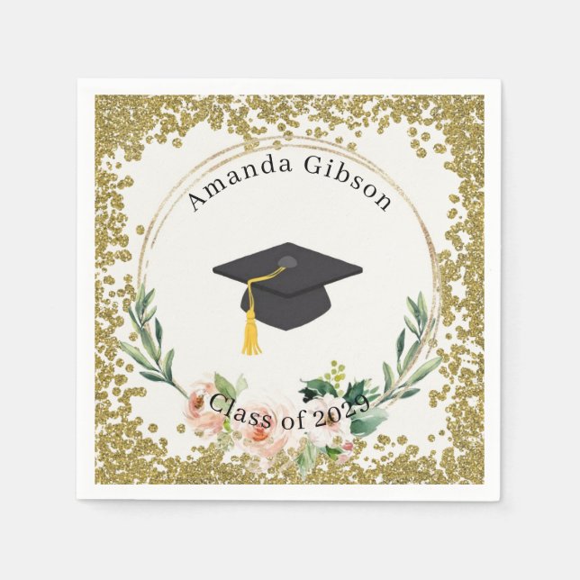 Pink & Gold Floral Personalized Graduation Party Napkins (Front)