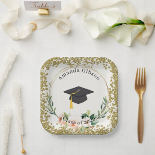 Pink & Gold Floral Personalized Graduation Party Paper Plates