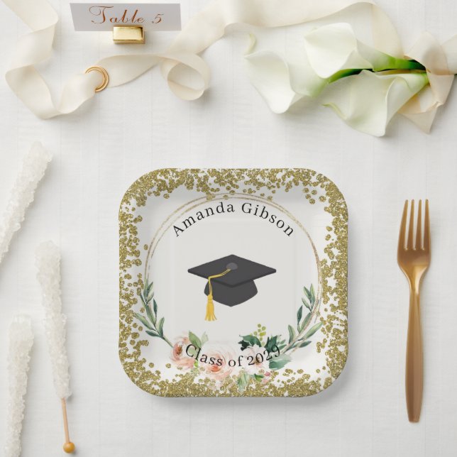 Pink & Gold Floral Personalized Graduation Party Paper Plates (Wedding)
