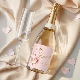 Pink Gold Floral Petals and Prosecco Bridal Shower Sparkling Wine Label