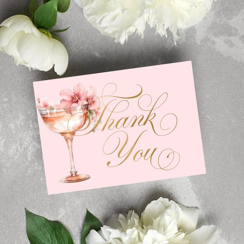 Pink Gold Floral Petals and Prosecco Bridal Shower Thank You Card
