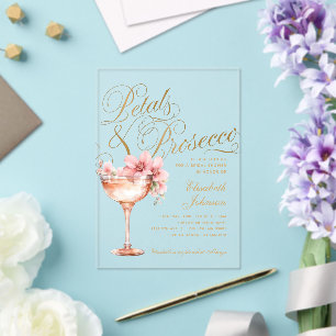 Pink Gold Floral Petals & Prosecco Bridal Shower Acrylic Invitations