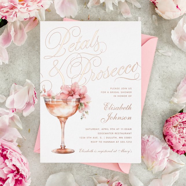 Pink Gold Floral Petals & Prosecco Bridal Shower  Foil Invitation (Creator Uploaded)