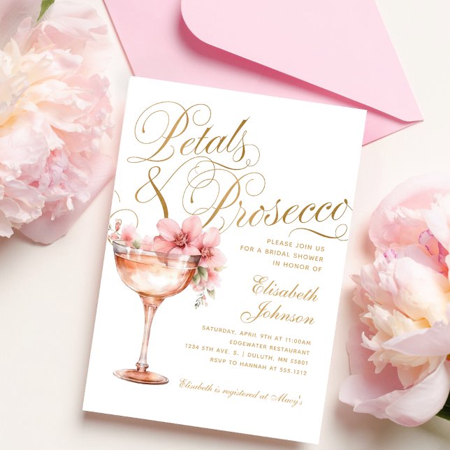 Pink Gold Floral Petals & Prosecco Bridal Shower Invitation (Creator Uploaded)