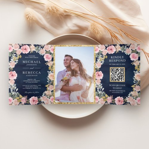 Pink Gold Floral Photo QR Code Navy Blue Wedding Tri_Fold Invitation