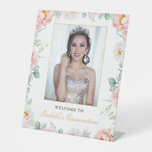 Pink Gold Floral Photo Quinceaera Welcome Sign